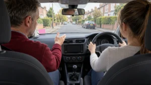 Trainee driving instructor giving a lesson in a dual-control car