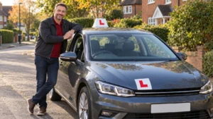 Driving instructor smiling beside a training car with L plates