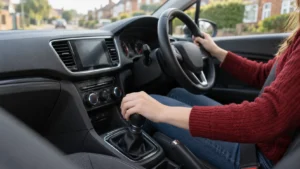 Learner driver changing gear in a manual car during a driving lesson