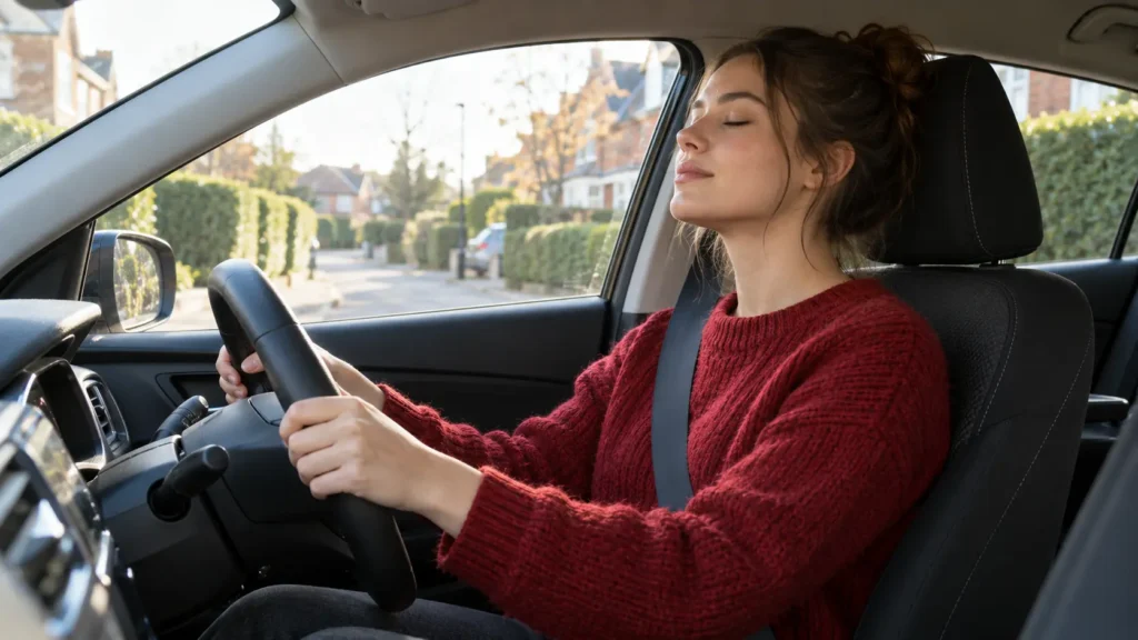 Calm learner driver taking a deep breath before a driving lesson