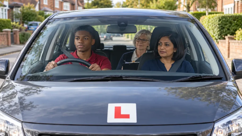 Driving instructor giving a lesson while being assessed