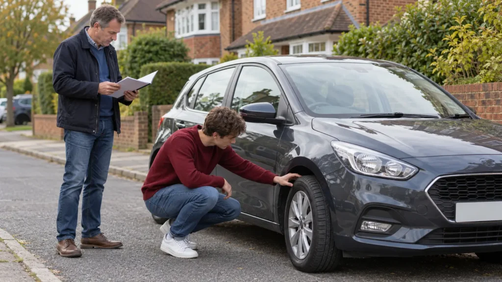 New driver looking round a used car before buying
