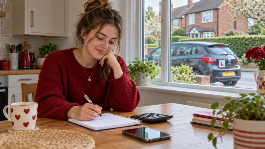 Learner driver working out the cost of driving lessons at home