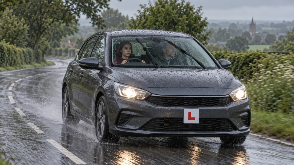 Car driving carefully on a wet Hertfordshire road in the rain