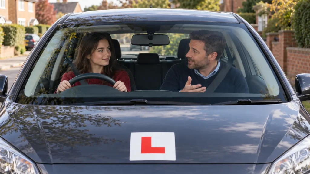 Driving instructor talking through test feedback with a learner driver