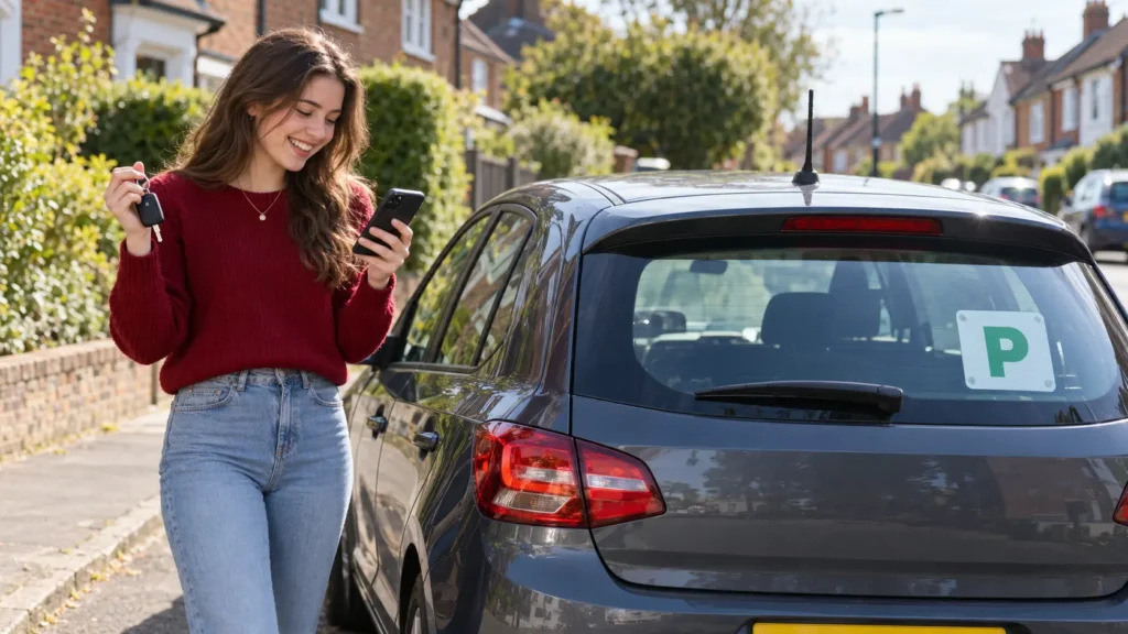New driver holding car keys next to their first car