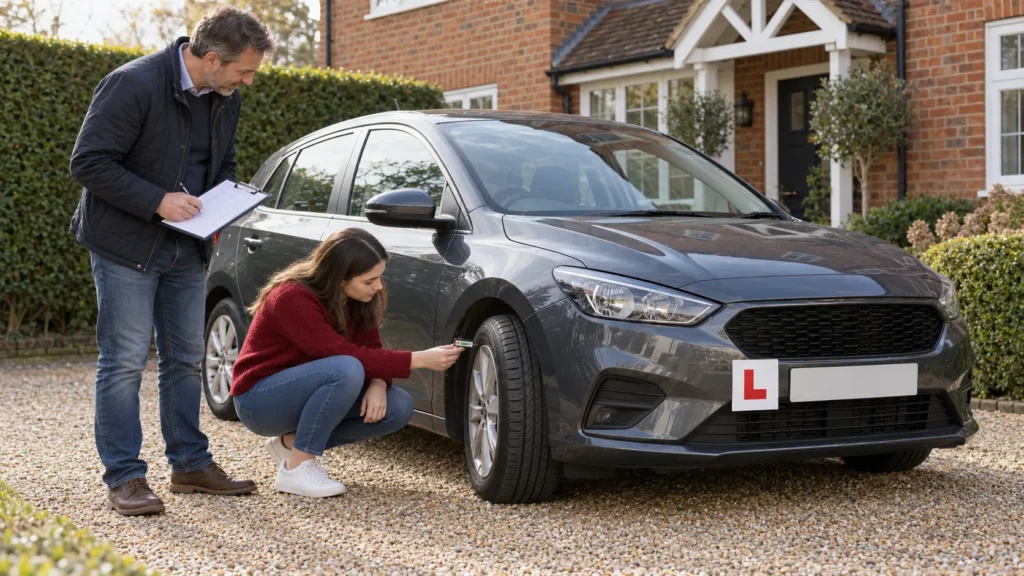 Family car with L plates parked outside a house ready for a driving test
