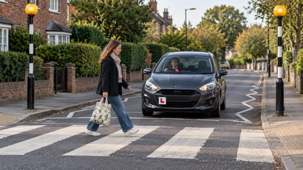 Learner driver stopped at a zebra crossing as a pedestrian crosses