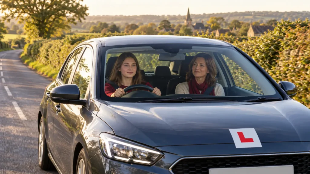 Parent supervising a learner driver during private practice in a car with L plates