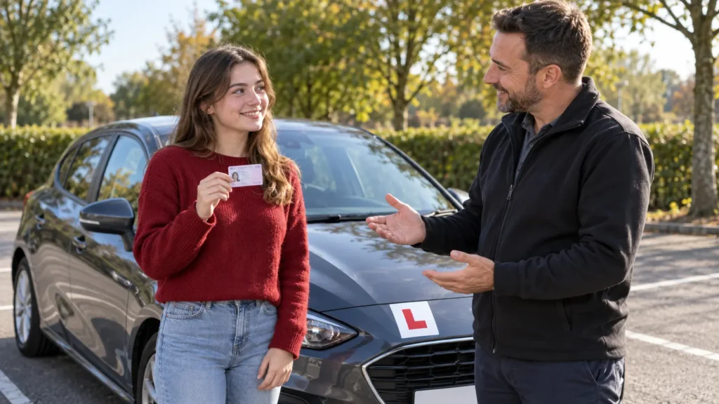 Learner driver and instructor in a car park before a driving test