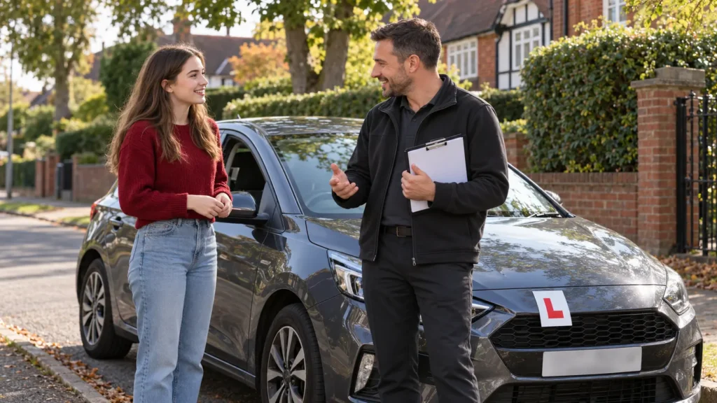 Driving instructor talking with a learner driver beside a car with L plates