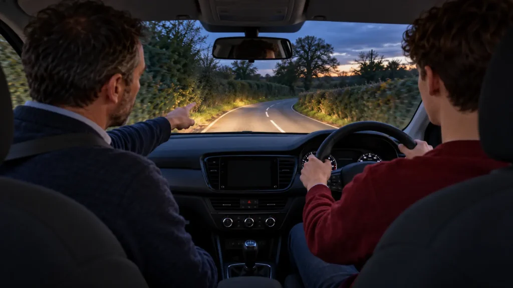New driver on a rural road at dusk during further training