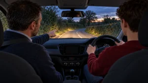 New driver on a rural road at dusk during further training