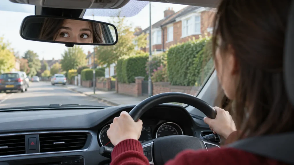 Learner driver checking the mirror before pulling away