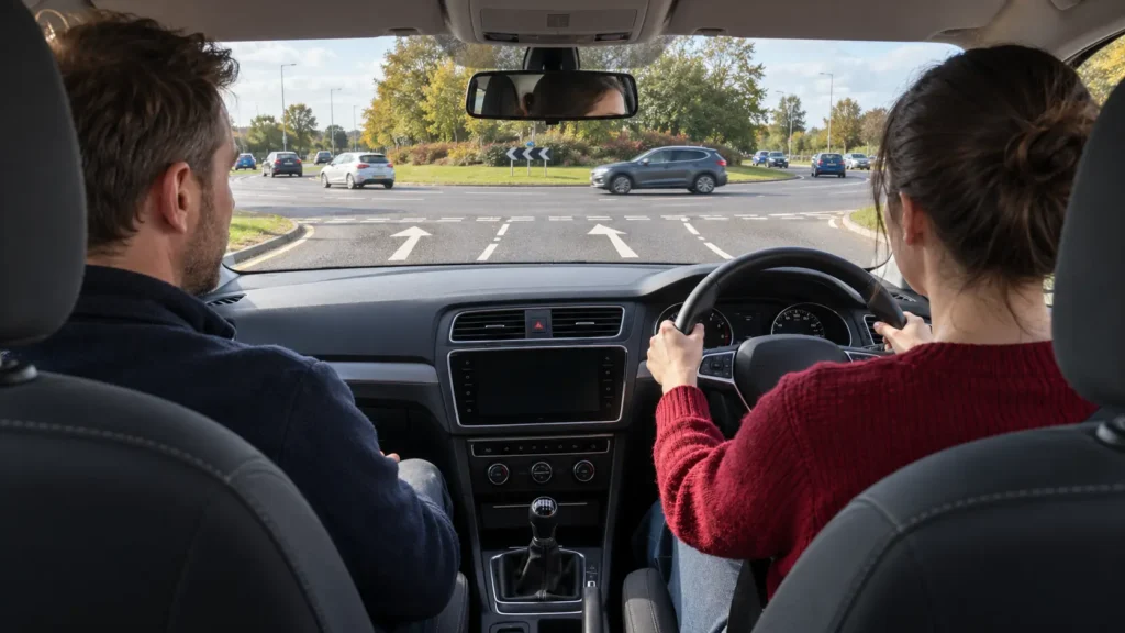 Learner driver approaching a roundabout with an instructor