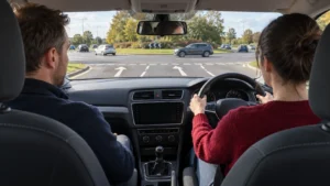Learner driver approaching a roundabout with an instructor