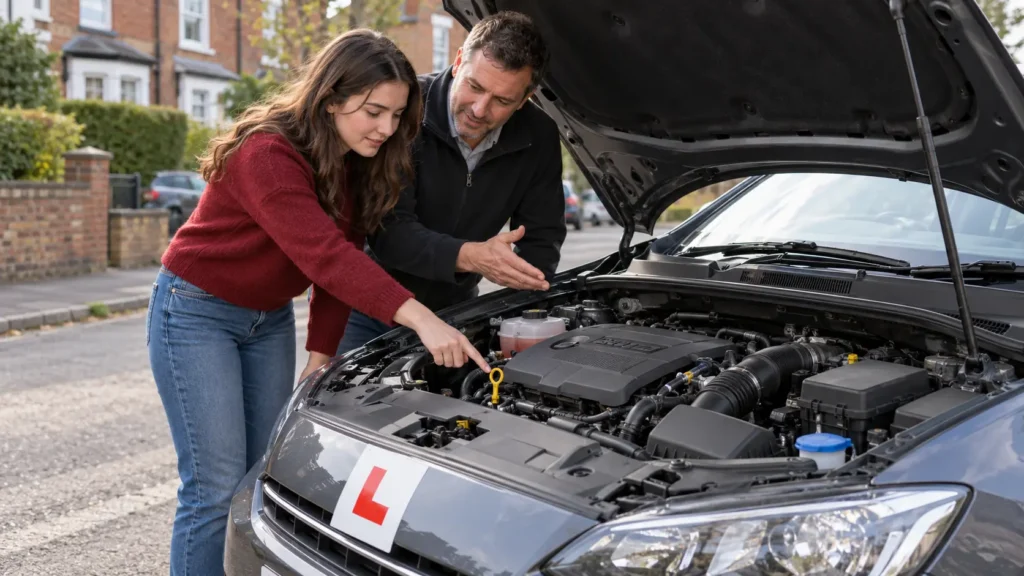 Learner driver checking the engine oil level under the bonnet