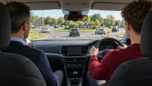 Learner driver approaching a roundabout in Hertfordshire with an instructor